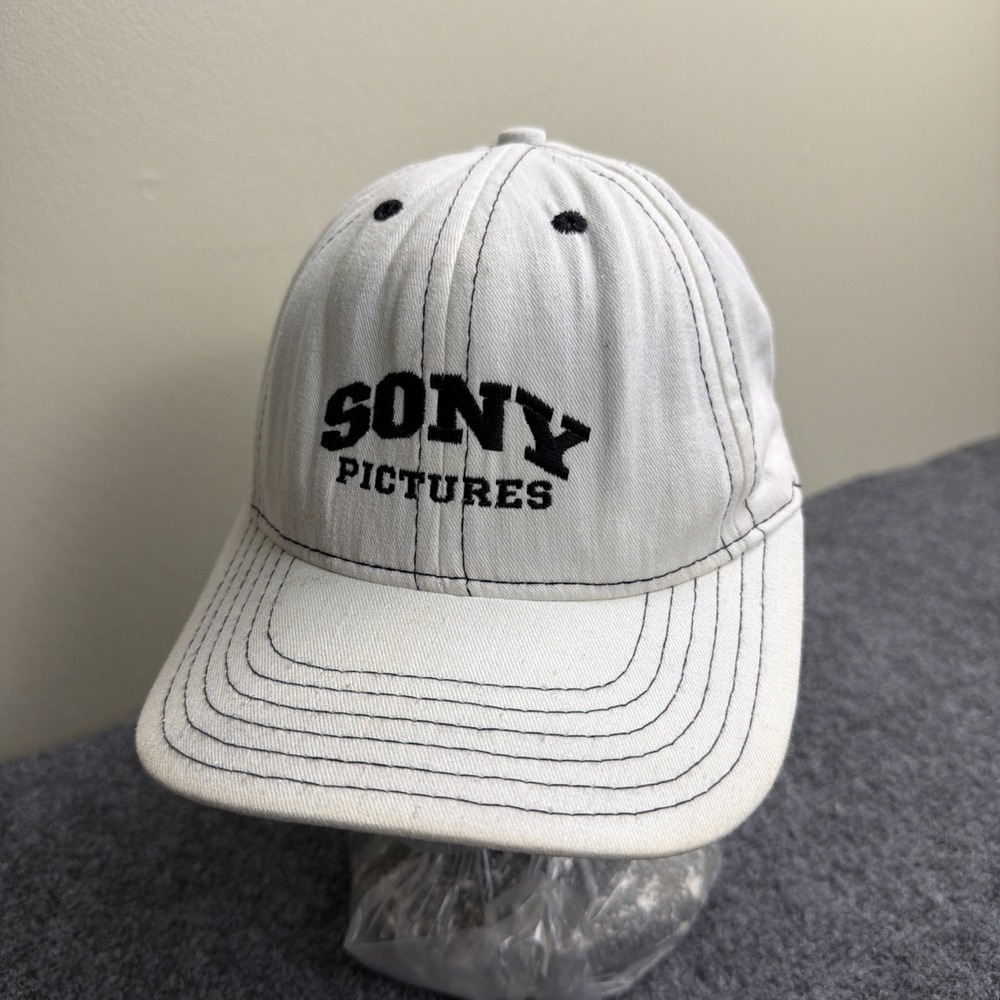 Sony Pictures White Strapback Hat Black Embroidered Logo Contrast Stitch Hat USA